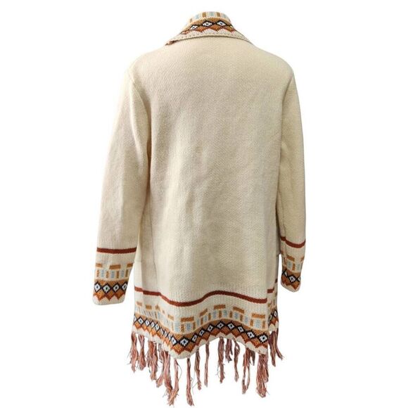 Boutique open front cardigan sweater Aztec print fringe pockets cream large - Picture 4 of 7